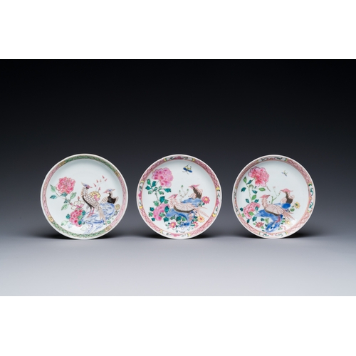 160 - Three Chinese famille rose 'pheasant' cups and saucers, YongzhengDia.: 11,5 cm (the saucers) Dia.: 7... 