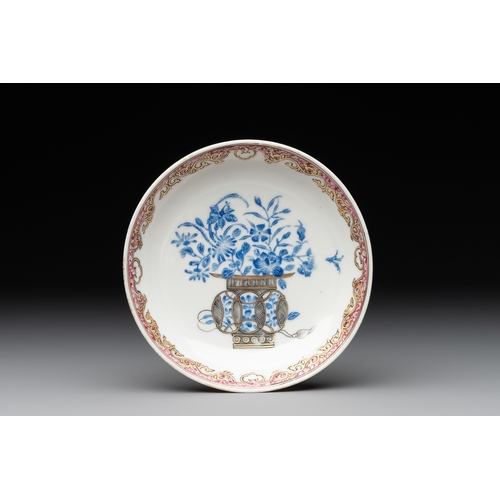 163 - A Chinese gilt-decorated blue- and-puce-enamelled 'flower basket' cup and saucer, QianlongDia.: 11,8... 