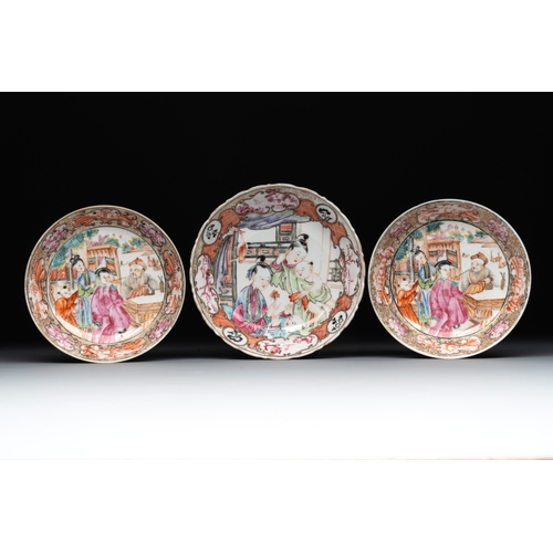 165 - Three fine Chinese Canton famille rose 'mandarin subject' cups and saucers, QianlongDia.: 13,3 cm (t... 