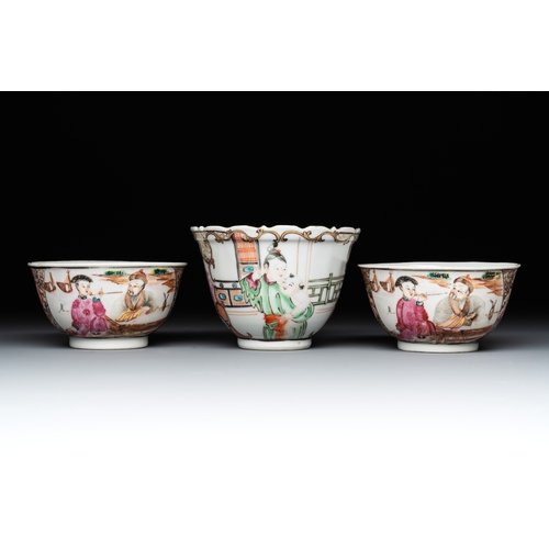 165 - Three fine Chinese Canton famille rose 'mandarin subject' cups and saucers, QianlongDia.: 13,3 cm (t... 