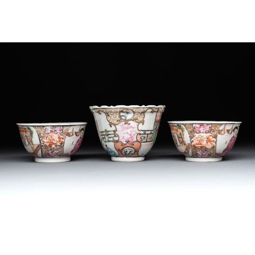 165 - Three fine Chinese Canton famille rose 'mandarin subject' cups and saucers, QianlongDia.: 13,3 cm (t... 