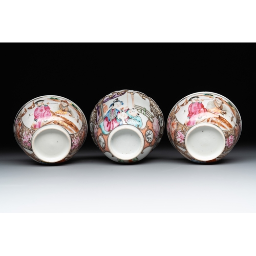 165 - Three fine Chinese Canton famille rose 'mandarin subject' cups and saucers, QianlongDia.: 13,3 cm (t... 