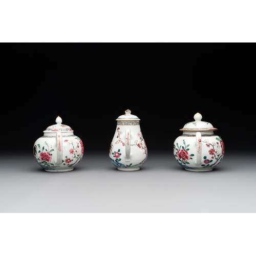 168 - Two Chinese famille rose 'rooster' teapots, a milk jug and four handled cups, YongzhengL.: 16 cm - H... 