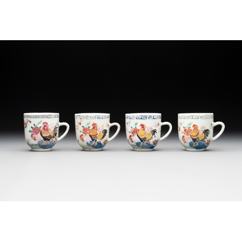 168 - Two Chinese famille rose 'rooster' teapots, a milk jug and four handled cups, YongzhengL.: 16 cm - H... 