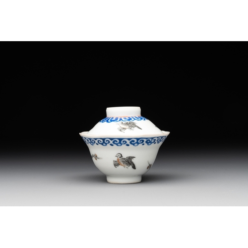 171 - A Chinese gilt-decorated iron-red teapot and a blue-enamelled grisaille covered cup, 18/19th C.L.: 1... 