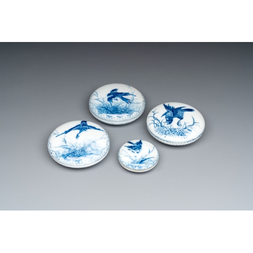 19 - Four Chinese blue and white seal paste boxes in the style of Wang Bu, Yongzheng marks, RepublicDia.:... 