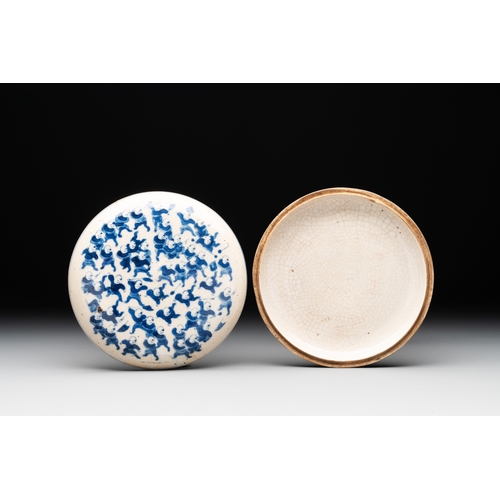 21 - A pair of Chinese blue and white soft paste '100 boys' covered jarlets and a seal paste box, Kangxi ... 