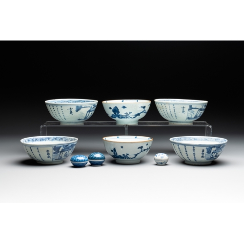 262 - Six Chinese blue and white shipwreck bowls and three covered boxes from the Hatcher and Nanking carg... 