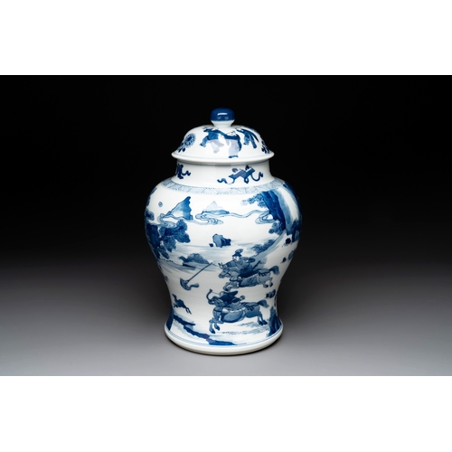 282 - A Chinese blue and white 'Mongolian hunt' vase and cover, KangxiH.: 31,1 cm (incl. cover)... 