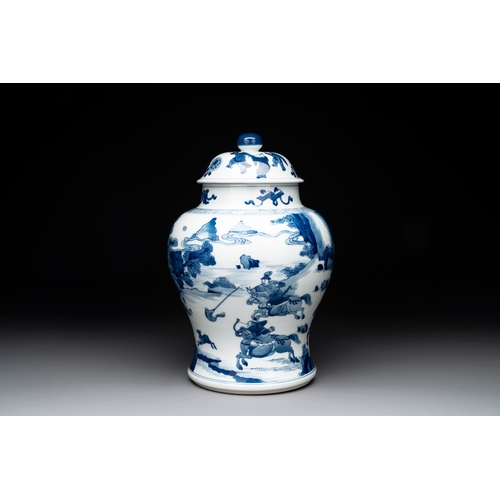 282 - A Chinese blue and white 'Mongolian hunt' vase and cover, KangxiH.: 31,1 cm (incl. cover)... 