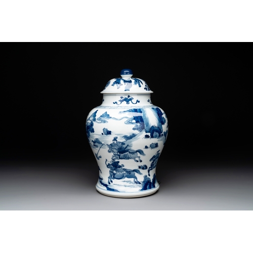 282 - A Chinese blue and white 'Mongolian hunt' vase and cover, KangxiH.: 31,1 cm (incl. cover)... 