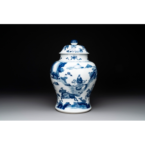 282 - A Chinese blue and white 'Mongolian hunt' vase and cover, KangxiH.: 31,1 cm (incl. cover)... 