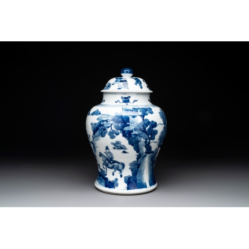 282 - A Chinese blue and white 'Mongolian hunt' vase and cover, KangxiH.: 31,1 cm (incl. cover)... 