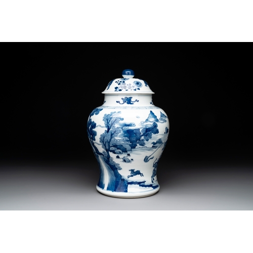 282 - A Chinese blue and white 'Mongolian hunt' vase and cover, KangxiH.: 31,1 cm (incl. cover)... 