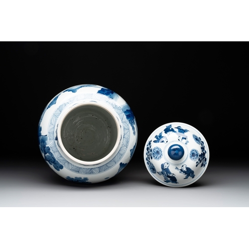 282 - A Chinese blue and white 'Mongolian hunt' vase and cover, KangxiH.: 31,1 cm (incl. cover)... 