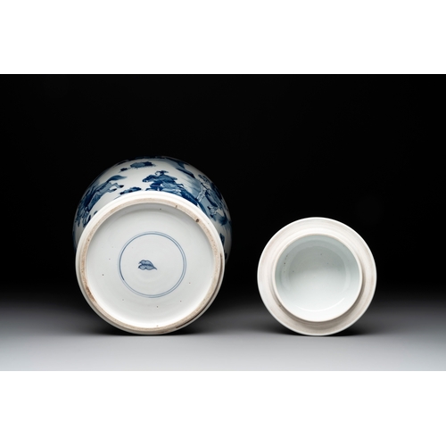 282 - A Chinese blue and white 'Mongolian hunt' vase and cover, KangxiH.: 31,1 cm (incl. cover)... 