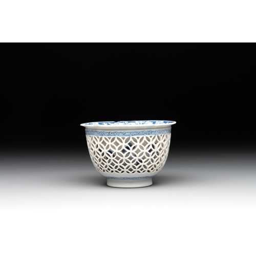 288 - A Chinese blue and white reticulated double-walled cup and saucer, fu mark, KangxiDia.: 13 cm (the s... 