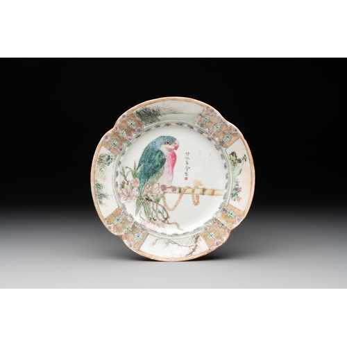 32 - A Chinese famille rose 'parrot' plate and a turquoise-ground 'dragon' bowl, Daoguang mark and of the... 