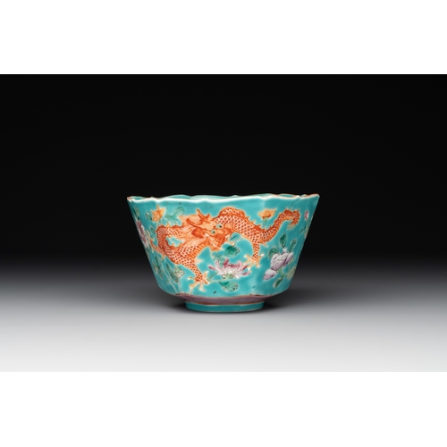 32 - A Chinese famille rose 'parrot' plate and a turquoise-ground 'dragon' bowl, Daoguang mark and of the... 