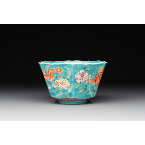 32 - A Chinese famille rose 'parrot' plate and a turquoise-ground 'dragon' bowl, Daoguang mark and of the... 