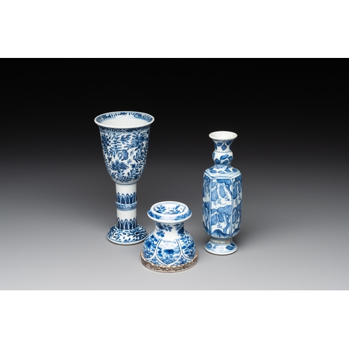 321 - A Chinese blue and white goblet, a salt and a vase, KangxiH.: 16,5 cm (the goblet) H.: 15,5 cm (the ... 