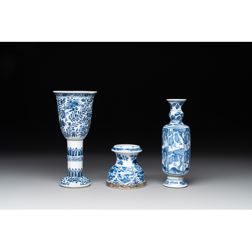 321 - A Chinese blue and white goblet, a salt and a vase, KangxiH.: 16,5 cm (the goblet) H.: 15,5 cm (the ... 