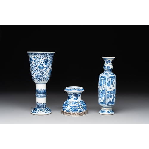 321 - A Chinese blue and white goblet, a salt and a vase, KangxiH.: 16,5 cm (the goblet) H.: 15,5 cm (the ... 