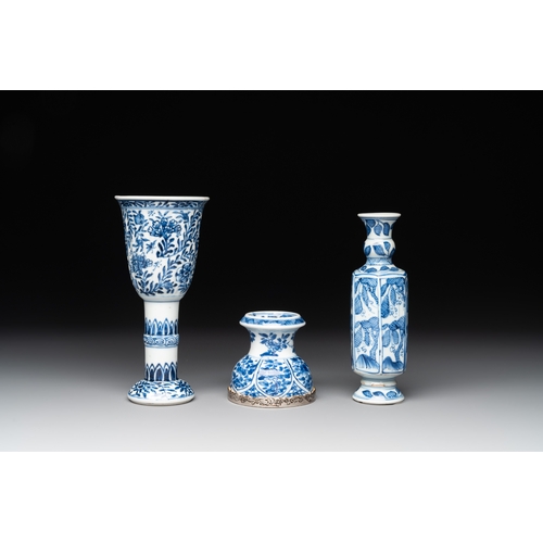 321 - A Chinese blue and white goblet, a salt and a vase, KangxiH.: 16,5 cm (the goblet) H.: 15,5 cm (the ... 