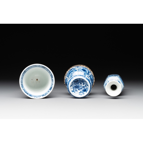 321 - A Chinese blue and white goblet, a salt and a vase, KangxiH.: 16,5 cm (the goblet) H.: 15,5 cm (the ... 