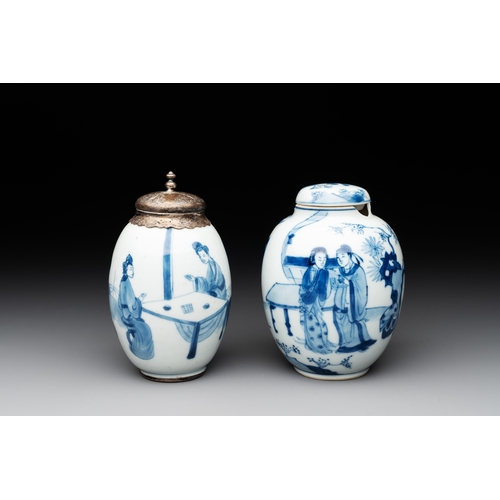 329 - Two Chinese blue and white tea caddies with figural design, one silver mounted, KangxiH.: 12 cm (the... 