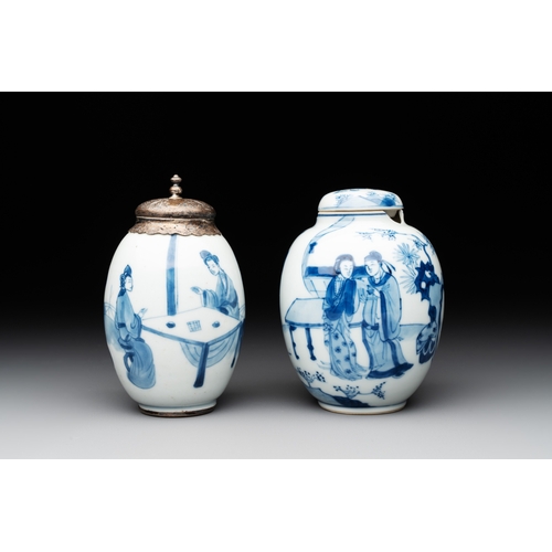 329 - Two Chinese blue and white tea caddies with figural design, one silver mounted, KangxiH.: 12 cm (the... 