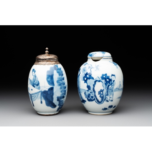 329 - Two Chinese blue and white tea caddies with figural design, one silver mounted, KangxiH.: 12 cm (the... 