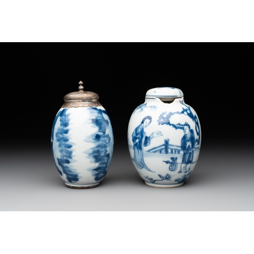 329 - Two Chinese blue and white tea caddies with figural design, one silver mounted, KangxiH.: 12 cm (the... 