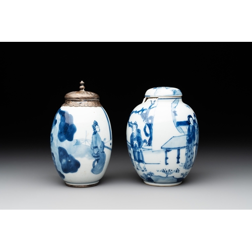 329 - Two Chinese blue and white tea caddies with figural design, one silver mounted, KangxiH.: 12 cm (the... 