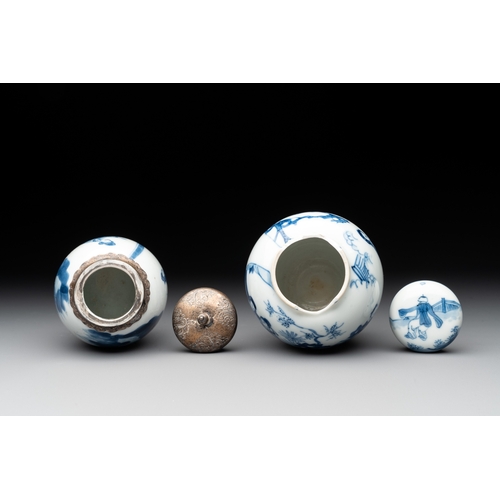 329 - Two Chinese blue and white tea caddies with figural design, one silver mounted, KangxiH.: 12 cm (the... 