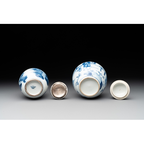 329 - Two Chinese blue and white tea caddies with figural design, one silver mounted, KangxiH.: 12 cm (the... 