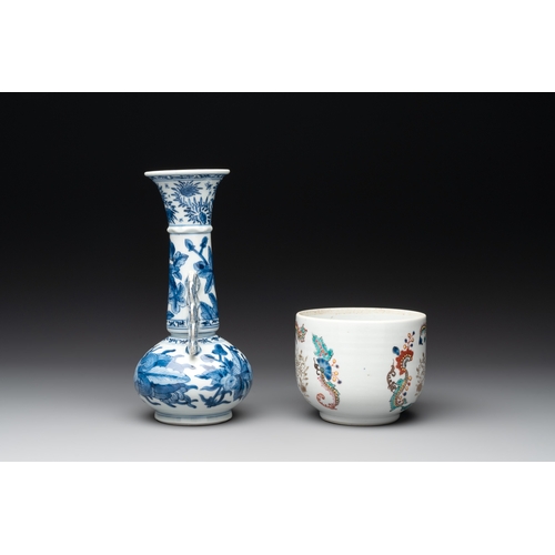 337 - A Chinese blue and white vase after Venetian glass model, a famille verte plate and a famille rose b... 