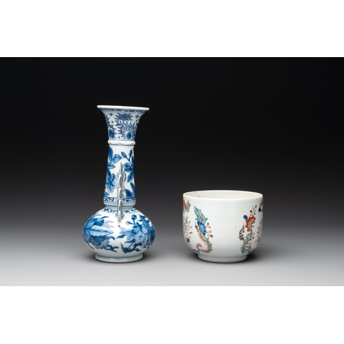 337 - A Chinese blue and white vase after Venetian glass model, a famille verte plate and a famille rose b... 