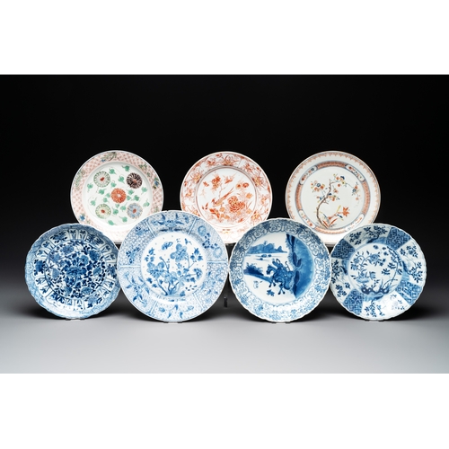 338 - Seven Chinese famille verte, iron-red, blue and white plates, KangxiDia.: 25 cm (the largest) Dia.: ... 