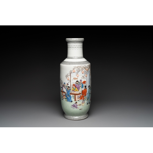 34 - A Chinese famille rose 'Chun Ye Yan Tao Li Yuan' vase, Qianlong mark, 20th C.H.: 61 cm... 