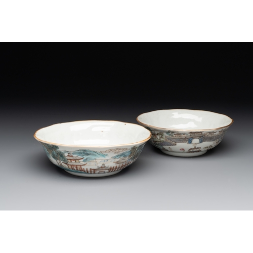 35 - A pair of Chinese famille rose 'landscape' bowls, Daoguang mark and of the periodDia.: 14 cm (the la... 