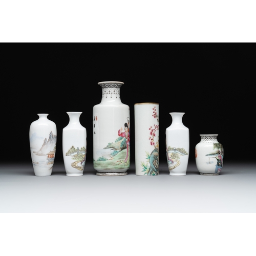 40 - Six small Chinese famille rose vases, Qianlong and Hongxian marks, 20th C.H.: 14,1 cm (the tallest) ... 