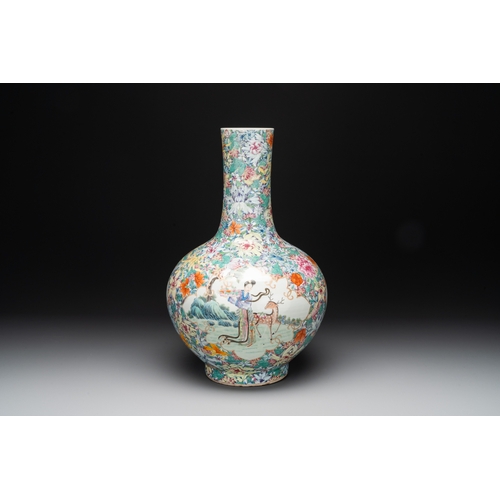 46 - A fine Chinese famille rose 'millefleurs' bottle vase with immortals, Kangxi mark, RepublicH.: 50,5 ... 