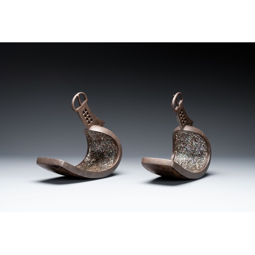 469 - A pair of Japanese steel 'abumi' stirrups with silver and mother-of-pearl-inlay, Edo, 18/19th C.Dim.... 