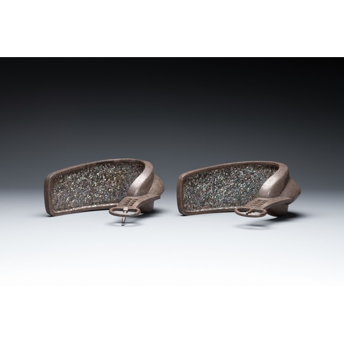 469 - A pair of Japanese steel 'abumi' stirrups with silver and mother-of-pearl-inlay, Edo, 18/19th C.Dim.... 