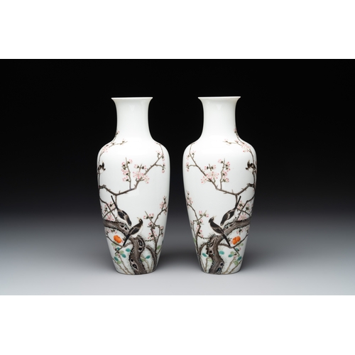 47 - A pair of Chinese famille rose 'birds among flowering branches' vases, Ju Ren Tang mark, RepublicH.:... 