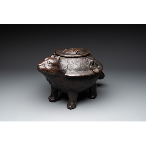 480 - A Japanese bronze bunbuku chagama-shaped incense burner, signed Kimura Toun, Meiji, 19th C.Dim.: 44 ... 