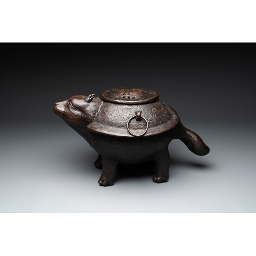 480 - A Japanese bronze bunbuku chagama-shaped incense burner, signed Kimura Toun, Meiji, 19th C.Dim.: 44 ... 