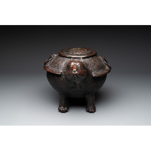 480 - A Japanese bronze bunbuku chagama-shaped incense burner, signed Kimura Toun, Meiji, 19th C.Dim.: 44 ... 