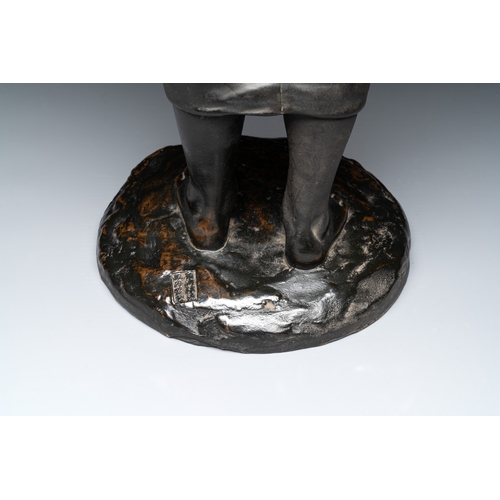 481 - A Japanese bronze sculpture of a boy feeding a bird on a wooden stand, signed, Meiji, 19th C.H.: 61,... 